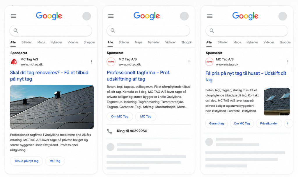 Eksempler på Google Ads søgeordsannoncer for MC TAG